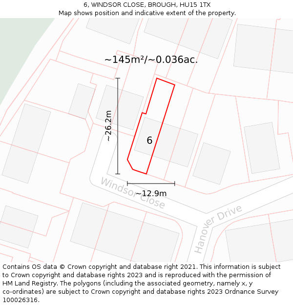 6, WINDSOR CLOSE, BROUGH, HU15 1TX: Plot and title map