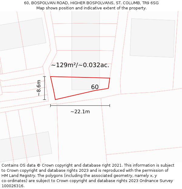 60, BOSPOLVAN ROAD, HIGHER BOSPOLVANS, ST COLUMB, TR9 6SG: Plot and title map