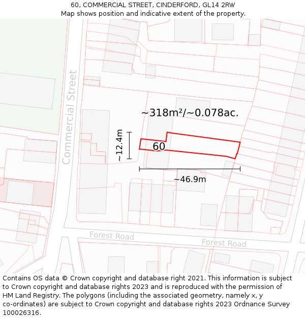 60, COMMERCIAL STREET, CINDERFORD, GL14 2RW: Plot and title map