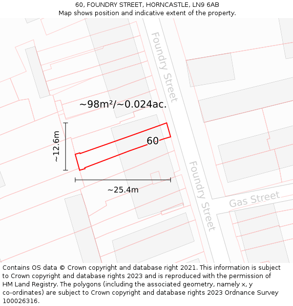 60, FOUNDRY STREET, HORNCASTLE, LN9 6AB: Plot and title map