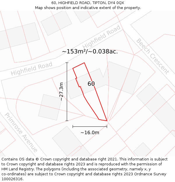 60, HIGHFIELD ROAD, TIPTON, DY4 0QX: Plot and title map