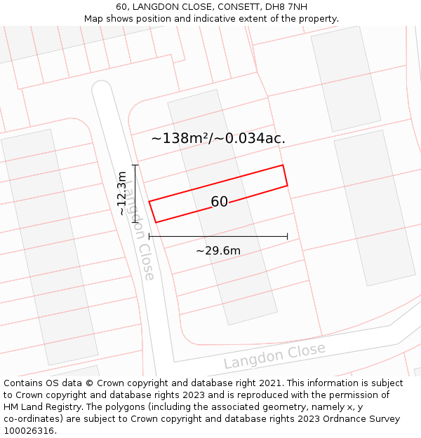 60, LANGDON CLOSE, CONSETT, DH8 7NH: Plot and title map