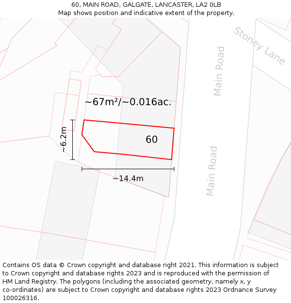 60, MAIN ROAD, GALGATE, LANCASTER, LA2 0LB: Plot and title map