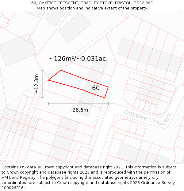 60, OAKTREE CRESCENT, BRADLEY STOKE, BRISTOL, BS32 9AD: Plot and title map