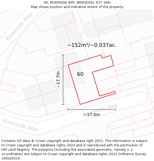 60, RIVERSIDE WAY, BRANDON, IP27 0AN: Plot and title map