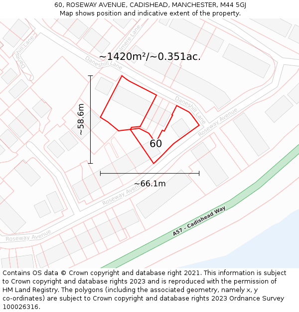 60, ROSEWAY AVENUE, CADISHEAD, MANCHESTER, M44 5GJ: Plot and title map