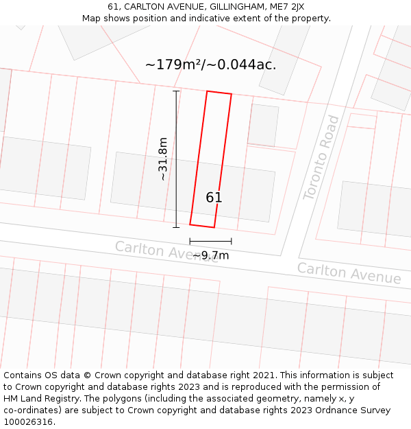 61, CARLTON AVENUE, GILLINGHAM, ME7 2JX: Plot and title map