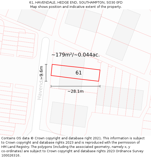 61, HAVENDALE, HEDGE END, SOUTHAMPTON, SO30 0FD: Plot and title map