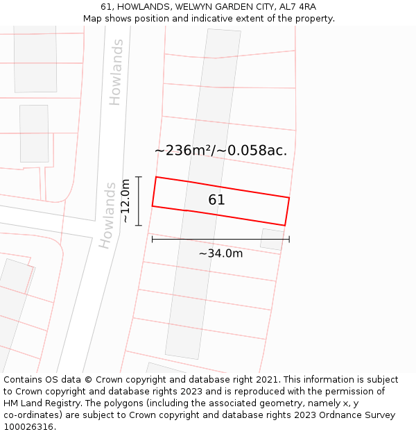61, HOWLANDS, WELWYN GARDEN CITY, AL7 4RA: Plot and title map