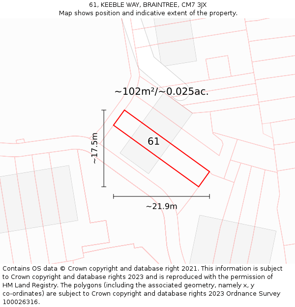 61, KEEBLE WAY, BRAINTREE, CM7 3JX: Plot and title map