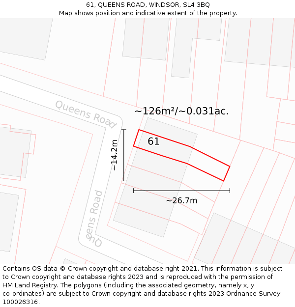 61, QUEENS ROAD, WINDSOR, SL4 3BQ: Plot and title map
