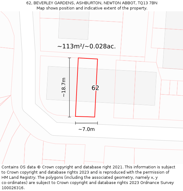 62, BEVERLEY GARDENS, ASHBURTON, NEWTON ABBOT, TQ13 7BN: Plot and title map