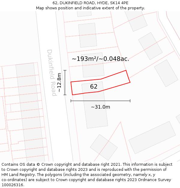 62, DUKINFIELD ROAD, HYDE, SK14 4PE: Plot and title map
