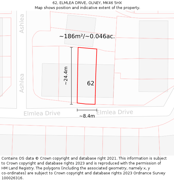 62, ELMLEA DRIVE, OLNEY, MK46 5HX: Plot and title map