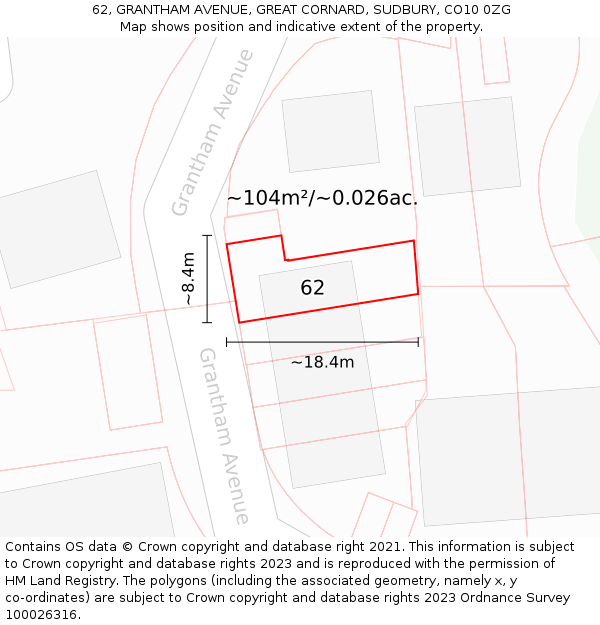 62, GRANTHAM AVENUE, GREAT CORNARD, SUDBURY, CO10 0ZG: Plot and title map