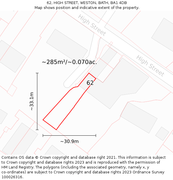 62, HIGH STREET, WESTON, BATH, BA1 4DB: Plot and title map