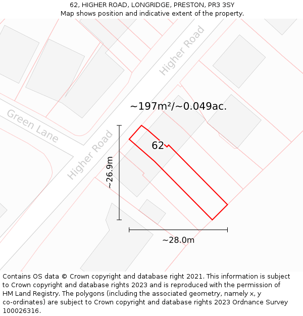 62, HIGHER ROAD, LONGRIDGE, PRESTON, PR3 3SY: Plot and title map