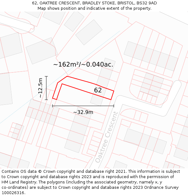 62, OAKTREE CRESCENT, BRADLEY STOKE, BRISTOL, BS32 9AD: Plot and title map