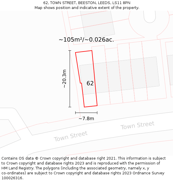 62, TOWN STREET, BEESTON, LEEDS, LS11 8PN: Plot and title map