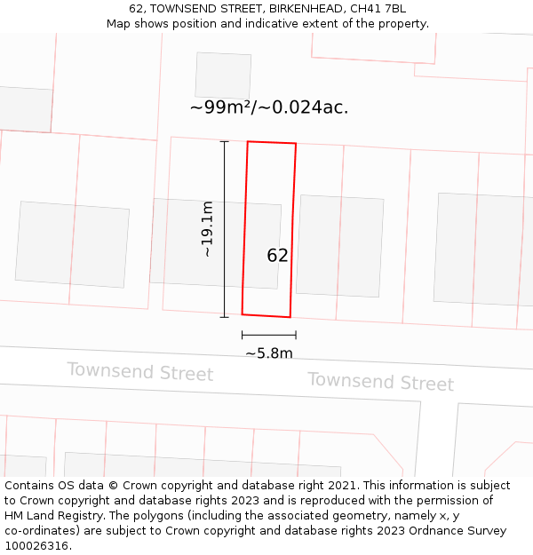 62, TOWNSEND STREET, BIRKENHEAD, CH41 7BL: Plot and title map