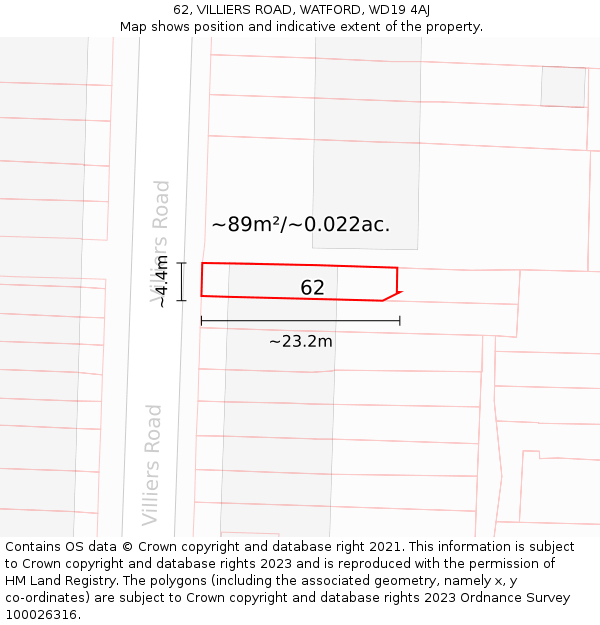62, VILLIERS ROAD, WATFORD, WD19 4AJ: Plot and title map