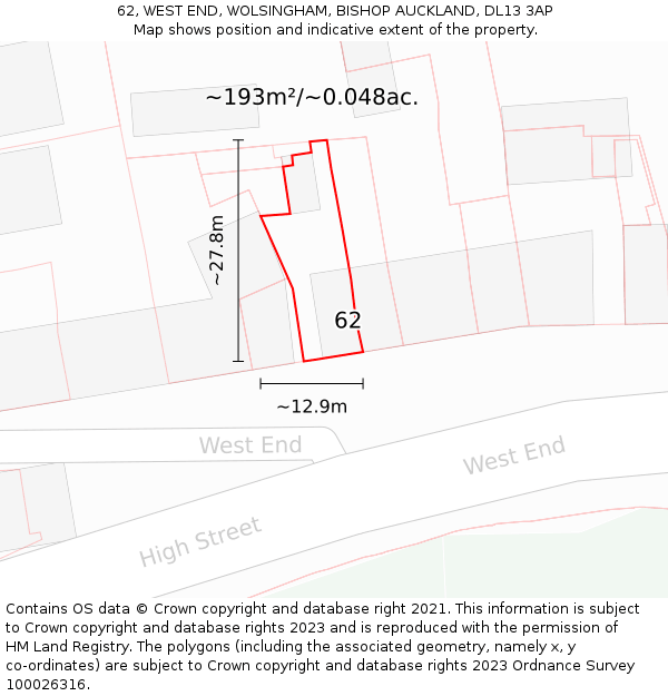 62, WEST END, WOLSINGHAM, BISHOP AUCKLAND, DL13 3AP: Plot and title map