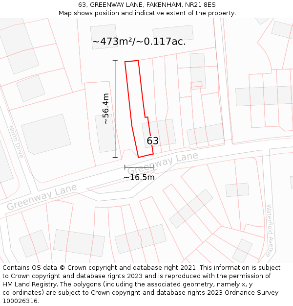 63, GREENWAY LANE, FAKENHAM, NR21 8ES: Plot and title map