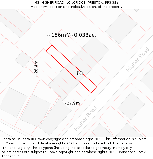 63, HIGHER ROAD, LONGRIDGE, PRESTON, PR3 3SY: Plot and title map