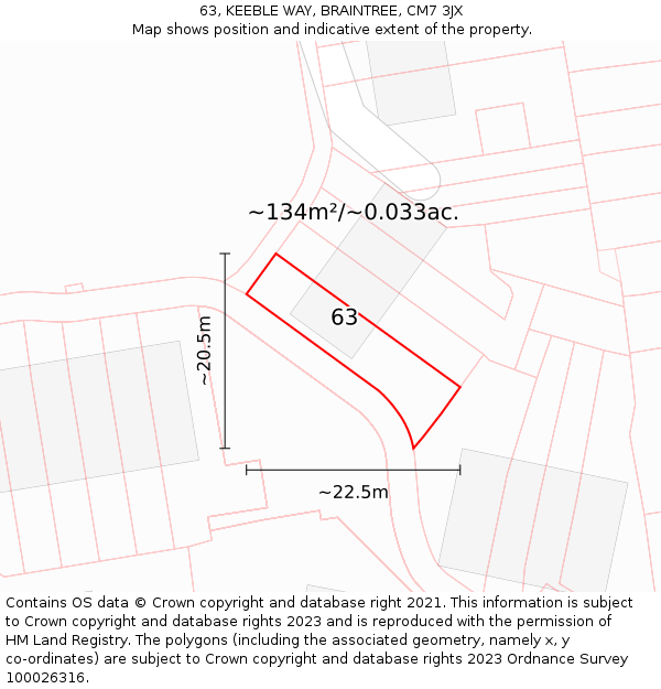 63, KEEBLE WAY, BRAINTREE, CM7 3JX: Plot and title map