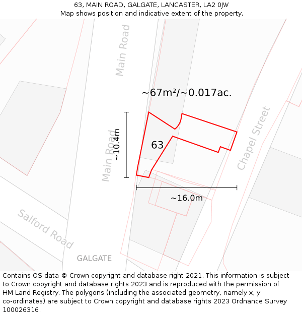 63, MAIN ROAD, GALGATE, LANCASTER, LA2 0JW: Plot and title map