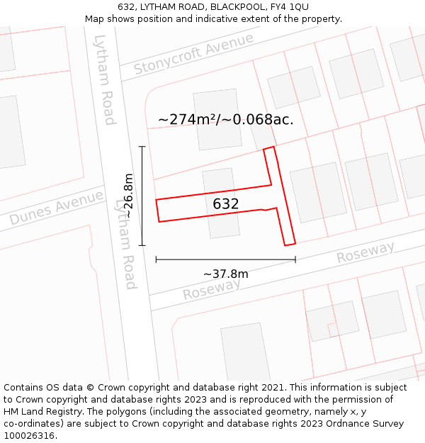 632, LYTHAM ROAD, BLACKPOOL, FY4 1QU: Plot and title map