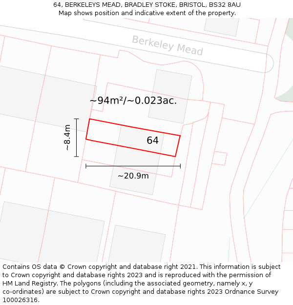 64, BERKELEYS MEAD, BRADLEY STOKE, BRISTOL, BS32 8AU: Plot and title map