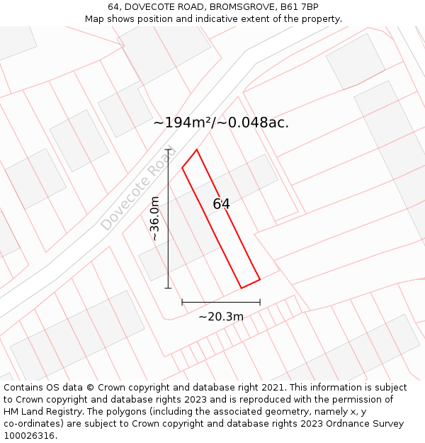 64, DOVECOTE ROAD, BROMSGROVE, B61 7BP: Plot and title map