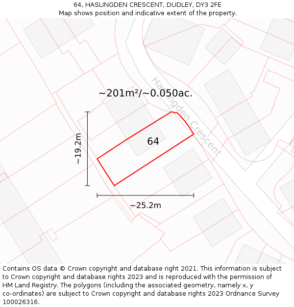64, HASLINGDEN CRESCENT, DUDLEY, DY3 2FE: Plot and title map
