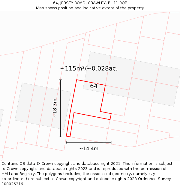 64, JERSEY ROAD, CRAWLEY, RH11 9QB: Plot and title map