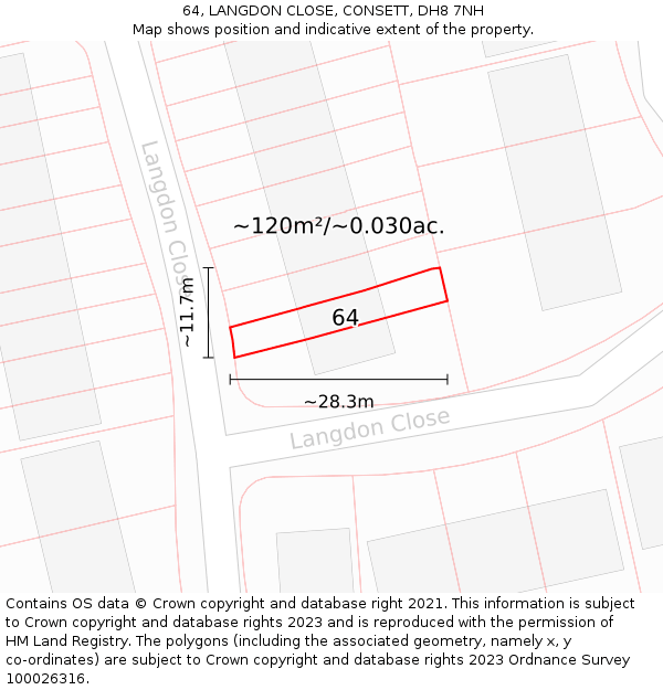 64, LANGDON CLOSE, CONSETT, DH8 7NH: Plot and title map