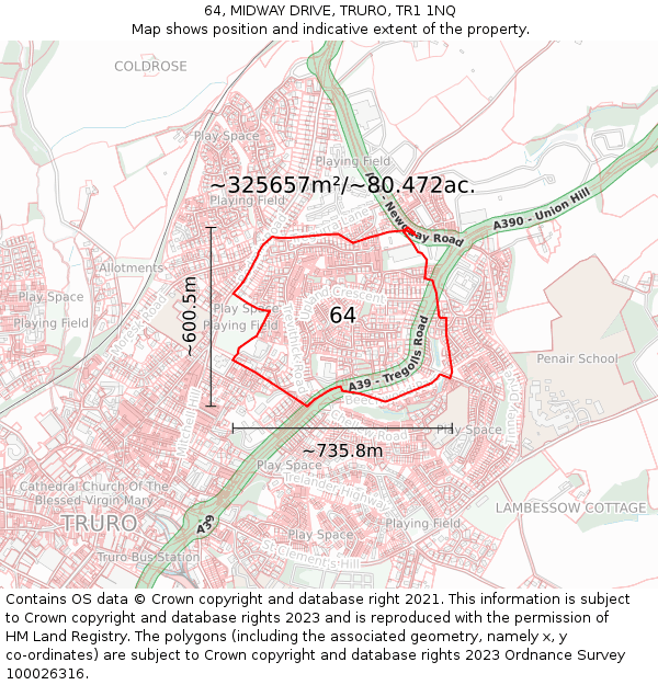 64, MIDWAY DRIVE, TRURO, TR1 1NQ: Plot and title map