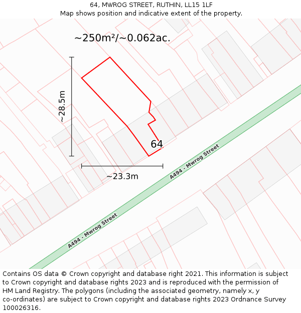 64, MWROG STREET, RUTHIN, LL15 1LF: Plot and title map