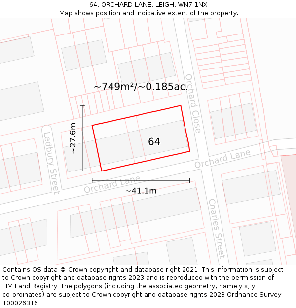 64, ORCHARD LANE, LEIGH, WN7 1NX: Plot and title map
