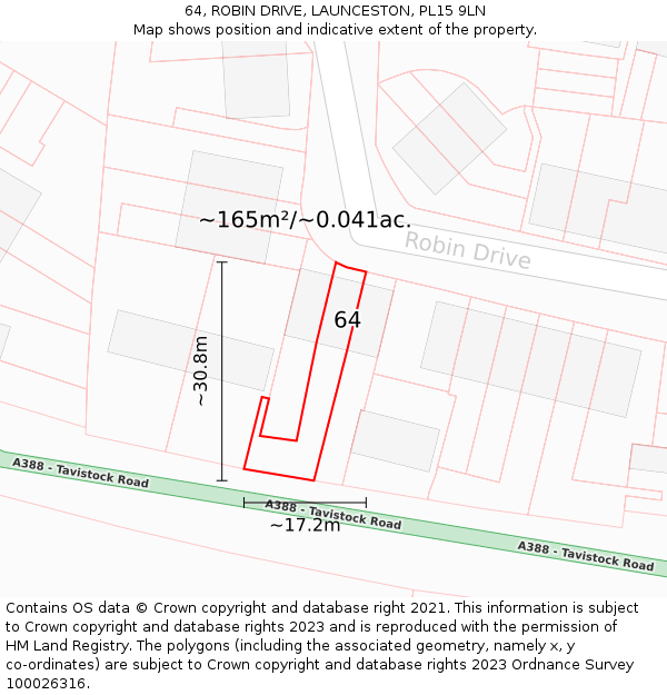 64, ROBIN DRIVE, LAUNCESTON, PL15 9LN: Plot and title map
