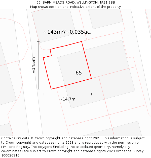 65, BARN MEADS ROAD, WELLINGTON, TA21 9BB: Plot and title map