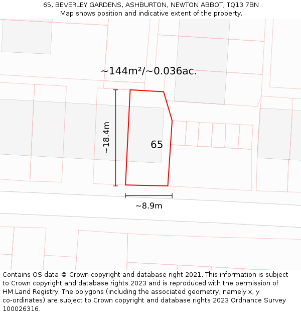 65, BEVERLEY GARDENS, ASHBURTON, NEWTON ABBOT, TQ13 7BN: Plot and title map