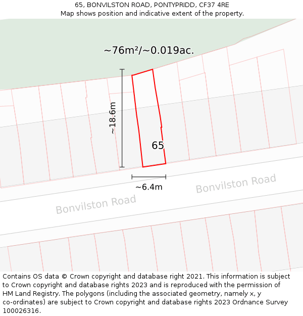 65, BONVILSTON ROAD, PONTYPRIDD, CF37 4RE: Plot and title map