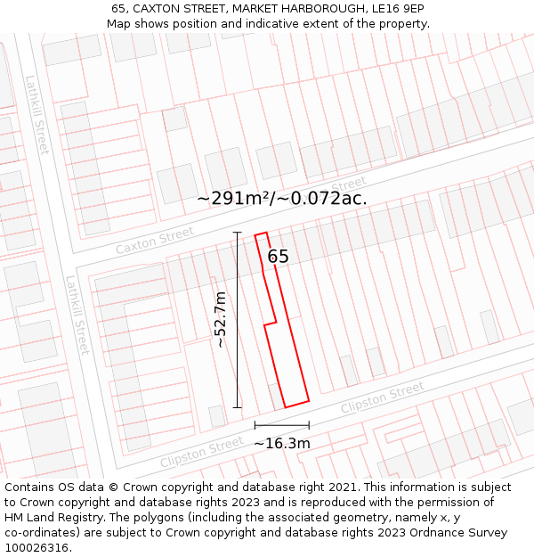 65, CAXTON STREET, MARKET HARBOROUGH, LE16 9EP: Plot and title map