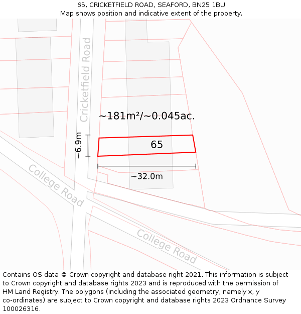 65, CRICKETFIELD ROAD, SEAFORD, BN25 1BU: Plot and title map