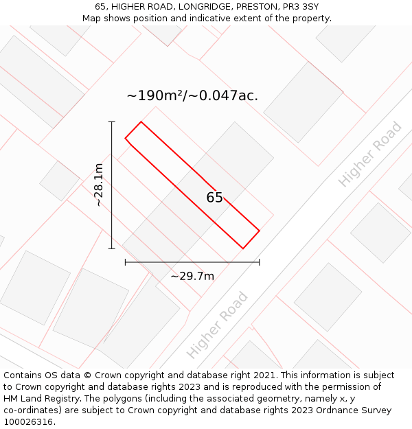 65, HIGHER ROAD, LONGRIDGE, PRESTON, PR3 3SY: Plot and title map