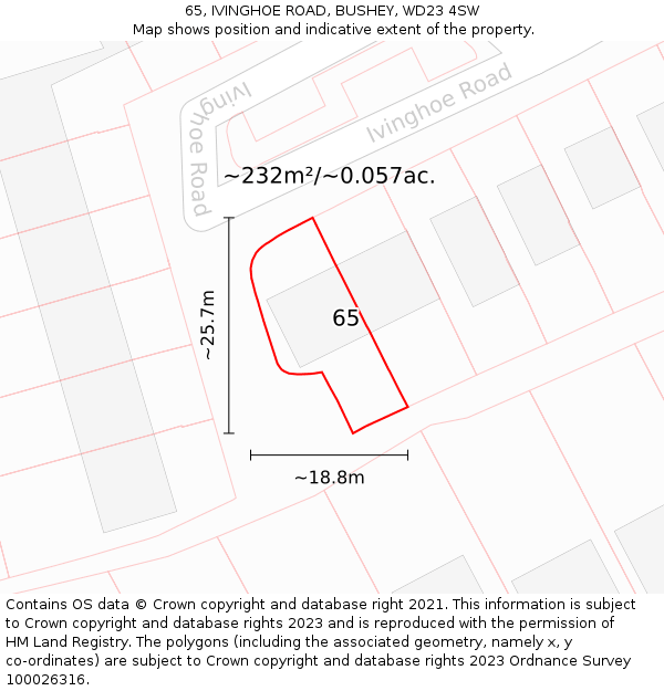 65, IVINGHOE ROAD, BUSHEY, WD23 4SW: Plot and title map