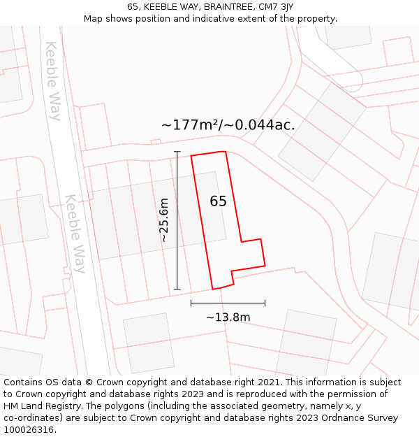 65, KEEBLE WAY, BRAINTREE, CM7 3JY: Plot and title map