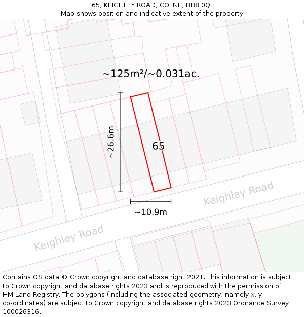 65, KEIGHLEY ROAD, COLNE, BB8 0QF: Plot and title map