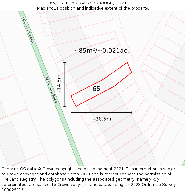 65, LEA ROAD, GAINSBOROUGH, DN21 1LH: Plot and title map